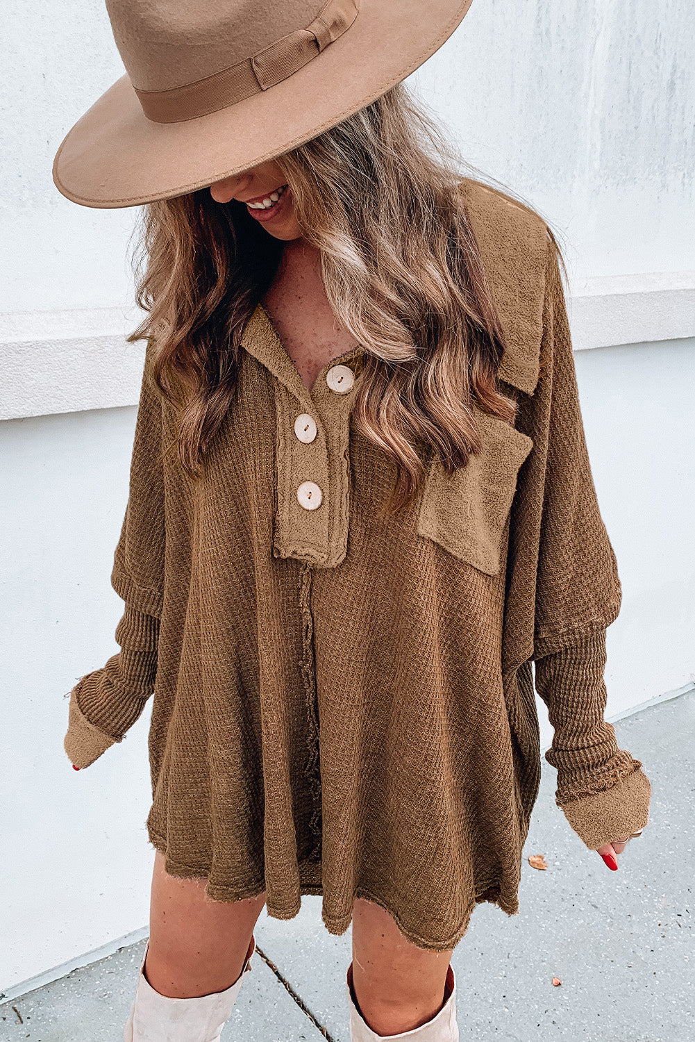 Brown Waffle Knit Buttoned Long Sleeve Top Long Sleeve Tops JT's Designer Fashion
