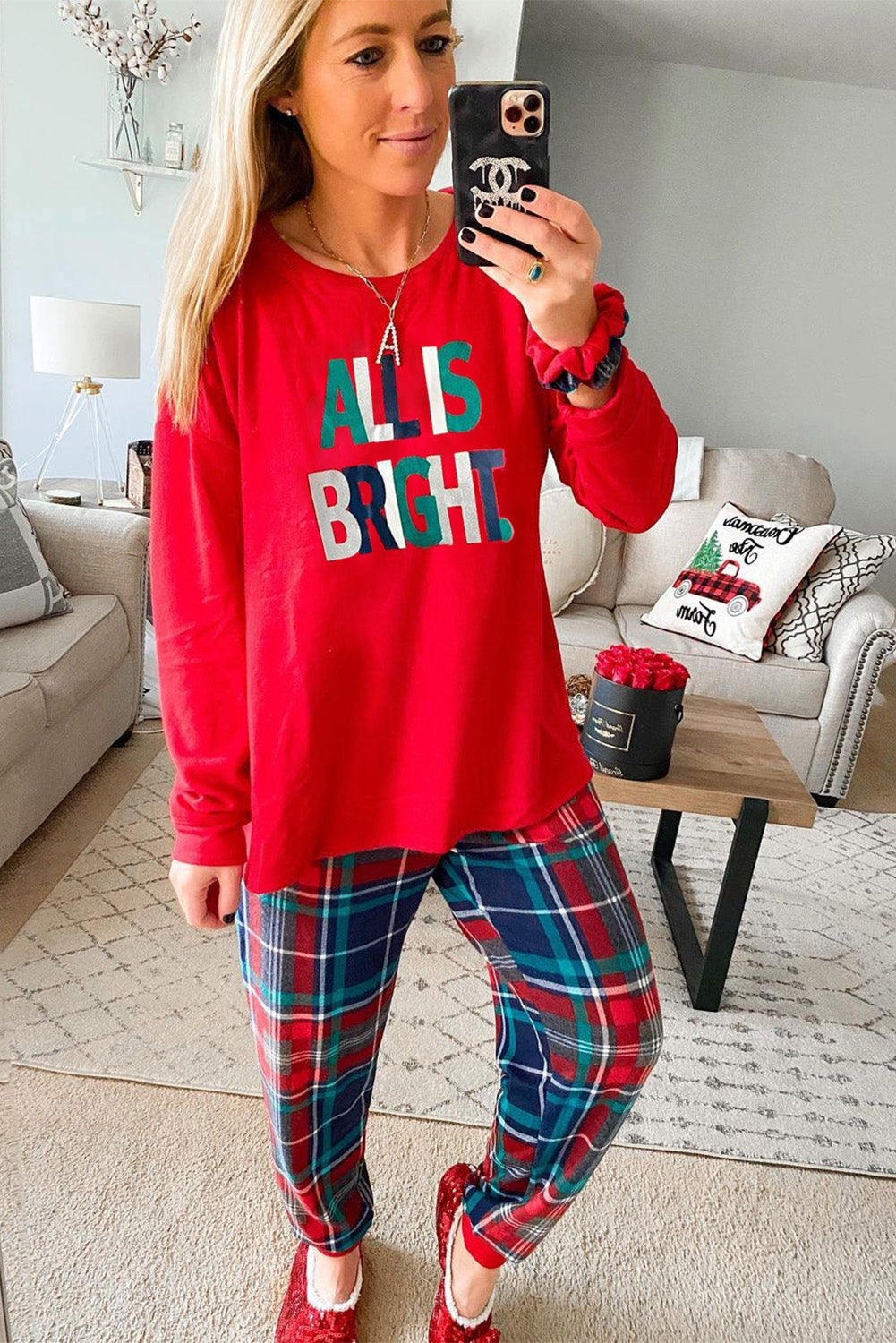 Multicolor ALL IS BRIGHT Graphic Christmas Plaid Pajamas Set Pre Order Loungewear JT's Designer Fashion