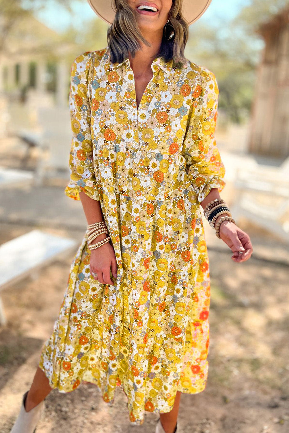 Yellow Boho Floral Collared Long Sleeve Ruffled Dress Dresses JT's Designer Fashion