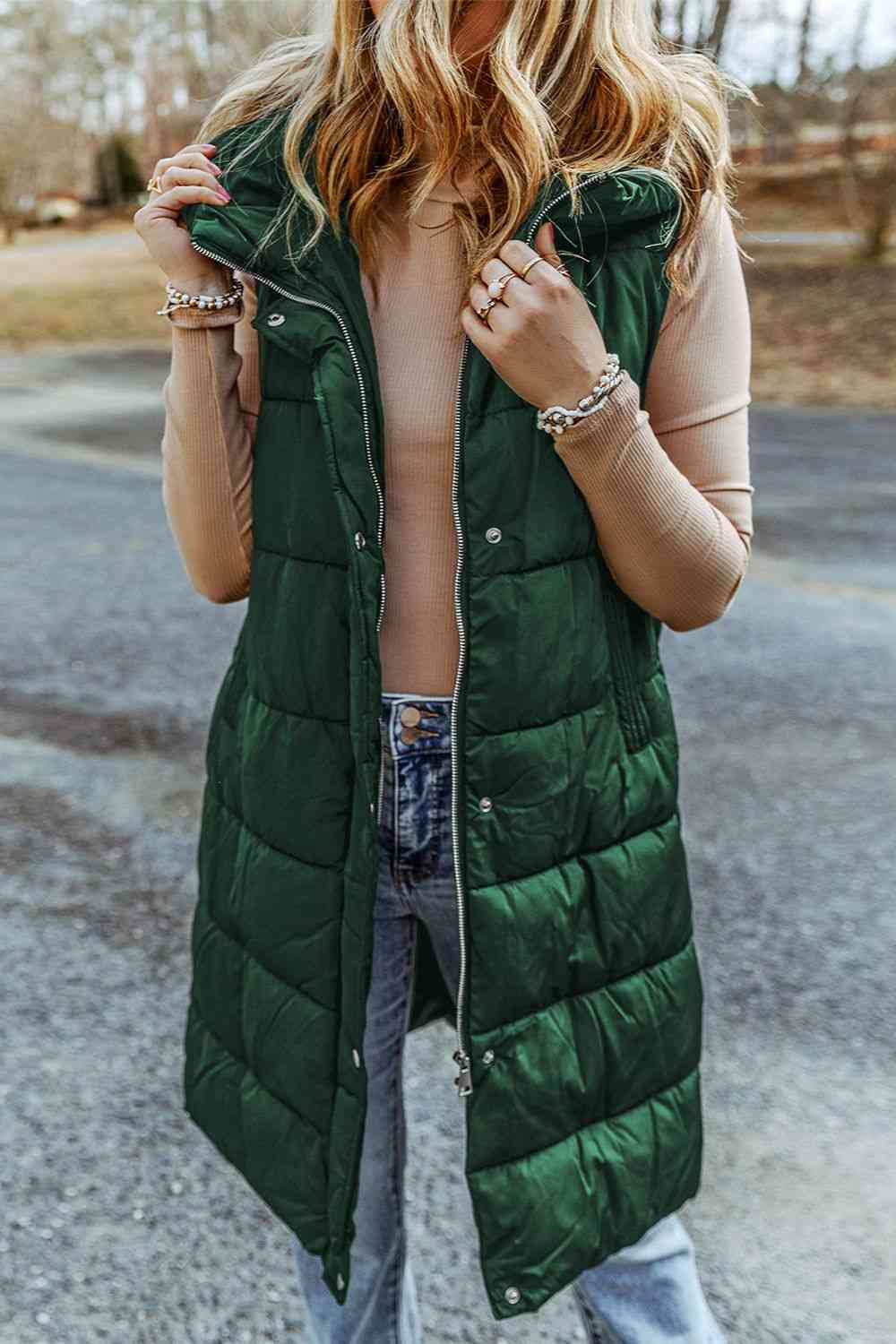 Longline Hooded Sleeveless Puffer Vest Green Coats & Jackets JT's Designer Fashion