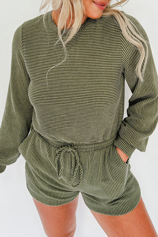 Pickle Green Corded Round Neck Long Sleeve Drawstring Romper Bottoms JT's Designer Fashion