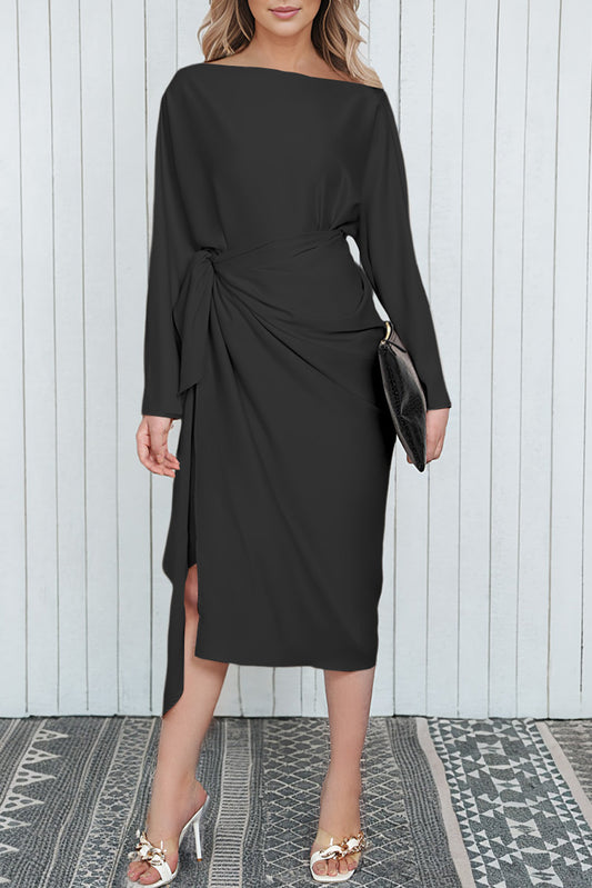 Black Satin Wrap Tie Side Boat Neck Long Sleeve Dress Black 90%Polyester+10%Elastane Evening Dresses JT's Designer Fashion