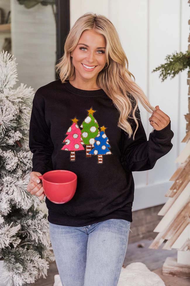 Black Sequined Christmas Tree Graphic Sweatshirt Graphic Sweatshirts JT's Designer Fashion