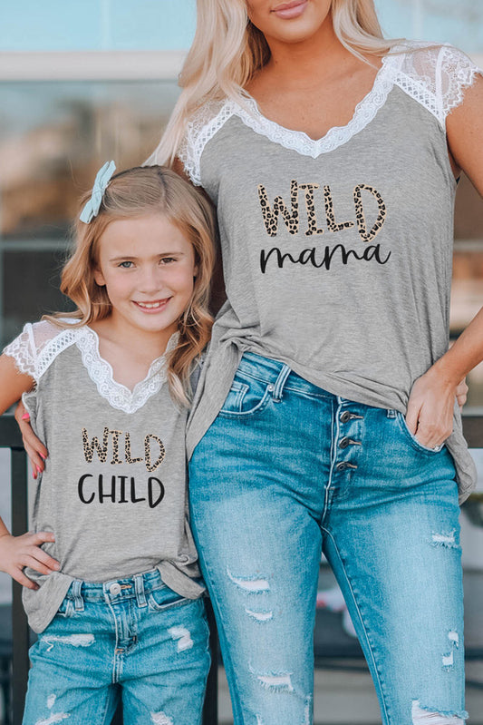 Gray WILD Mama Leopard Print Lace Splicing V Neck T Shirt Gray 95%Polyester+5%Spandex Family T-shirts JT's Designer Fashion
