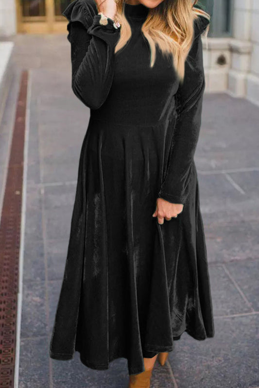 Black Frill Trim Long Sleeve Stand Neck Velvet Dress Dresses JT's Designer Fashion
