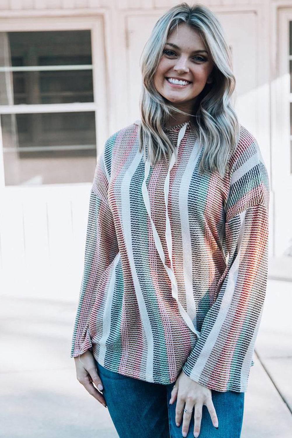 Multicolor Striped Drop Shoulder Textured Knit Hoodie Sweatshirts & Hoodies JT's Designer Fashion
