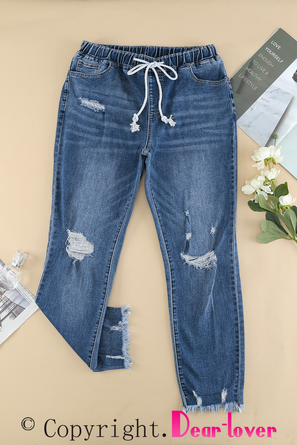 Dark Blue Elastic Waist Straight Leg Destroyed Raw Hem Jeans Jeans JT's Designer Fashion