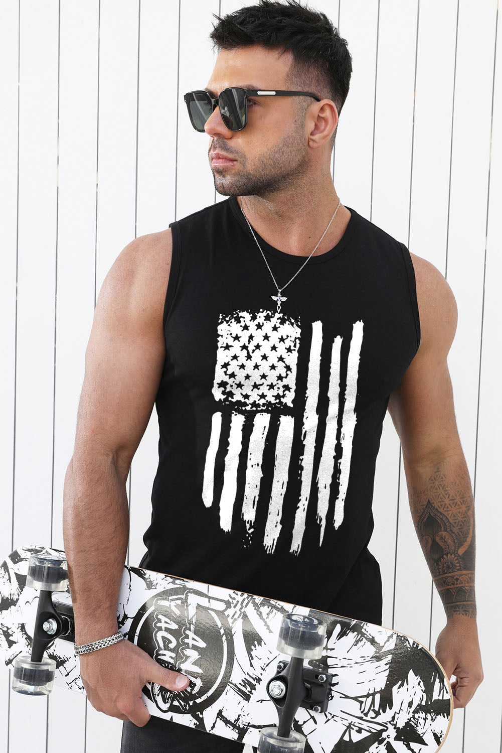 Black American Flag Print Muscle Fit O Neck Men's Tank Top Men's Tops JT's Designer Fashion