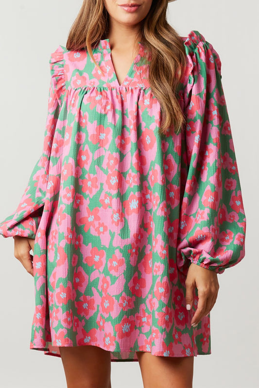 Pink Split V Neck Bubble Sleeve Loose Floral Dress Floral Dresses JT's Designer Fashion
