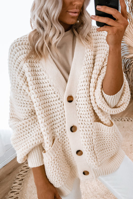 Beige Chunky Textured Knit Pocketed V Neck Sweater Cardigan Pre Order Sweaters & Cardigans JT's Designer Fashion