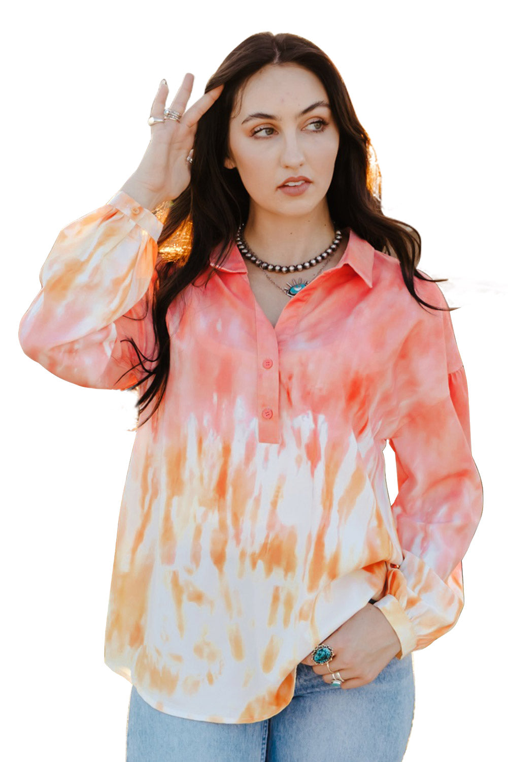 Red Tie Dye Print Lace-up Buttoned Henley Top Blouses & Shirts JT's Designer Fashion