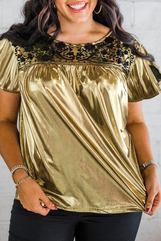 Gold Plus Size Floral Embroidered Short Sleeve Top Plus Size Tops JT's Designer Fashion