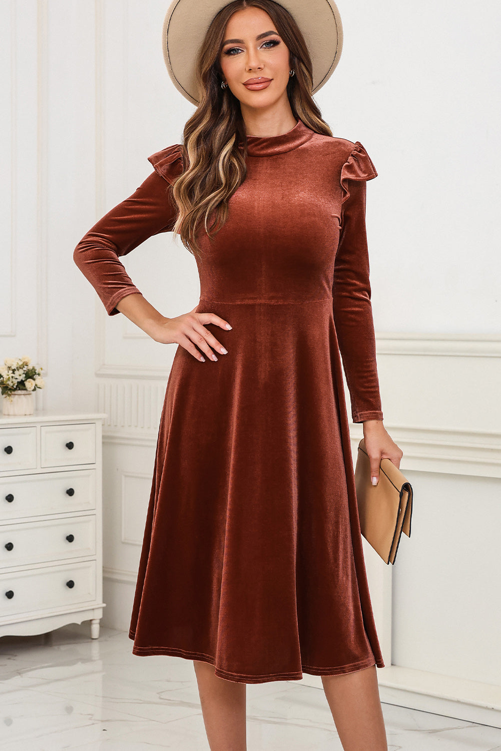 Brown Frill Trim Long Sleeve Stand Neck Velvet Dress Dresses JT's Designer Fashion