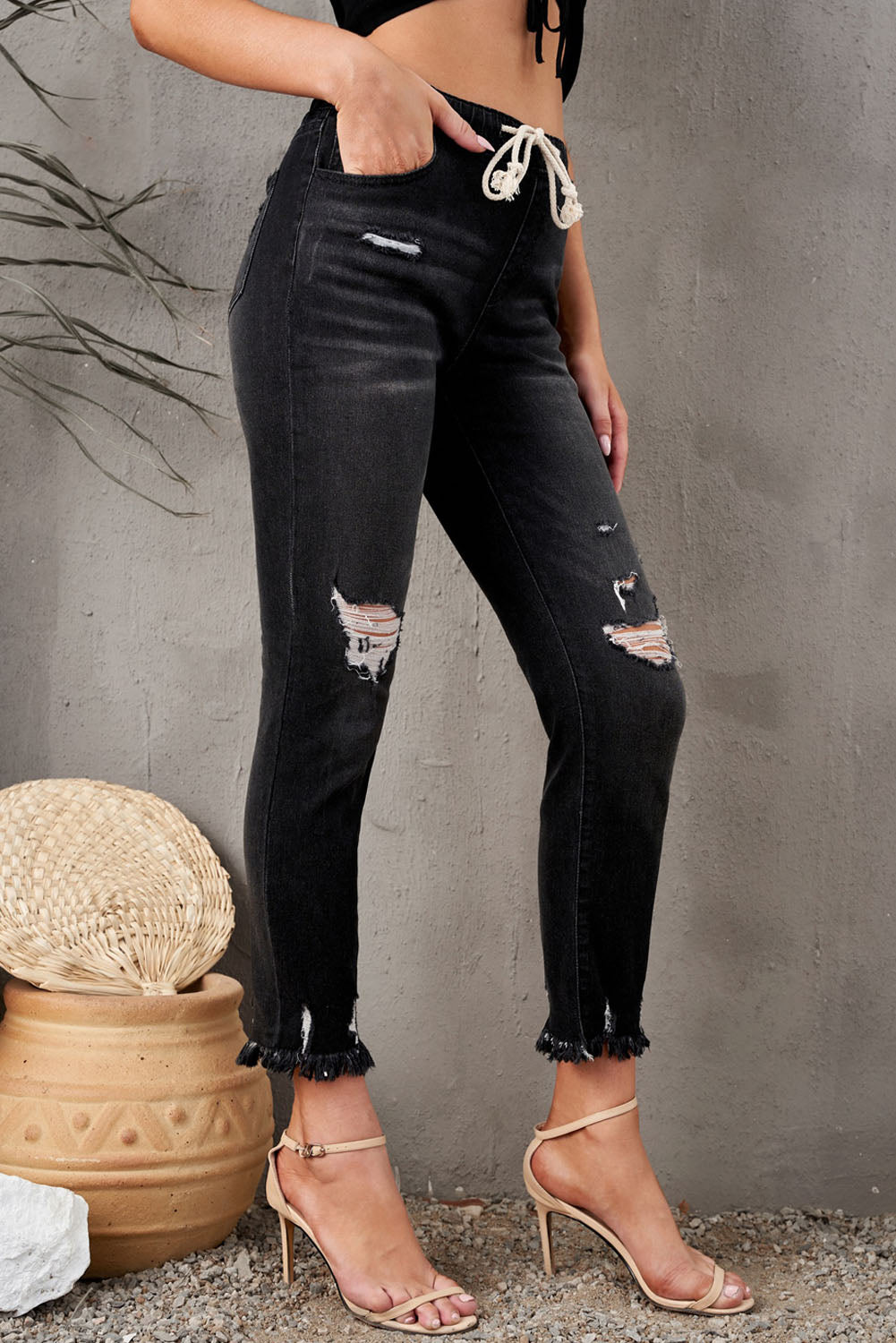 Black Elastic Waist Straight Leg Destroyed Raw Hem Jeans Jeans JT's Designer Fashion