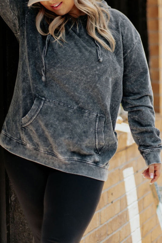 Black Acid Wash Kangaroo Pocket Plus Size Hoodie Pre Order Sweatshirts & Hoodies JT's Designer Fashion