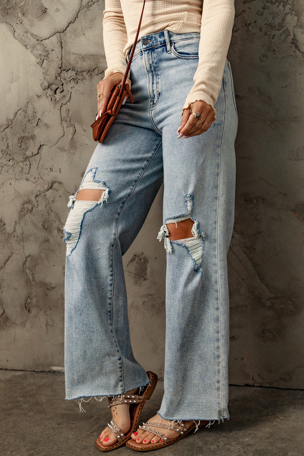 Sky Blue Distressed Frayed Hem Holed Straight Leg Loose Jeans Jeans JT's Designer Fashion