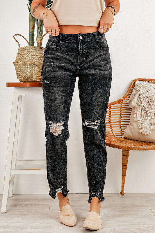 Black Ripped Slim Fit Washed Jeans Black 71%Cotton+27.5%Polyester+1.5%Spandex Jeans JT's Designer Fashion