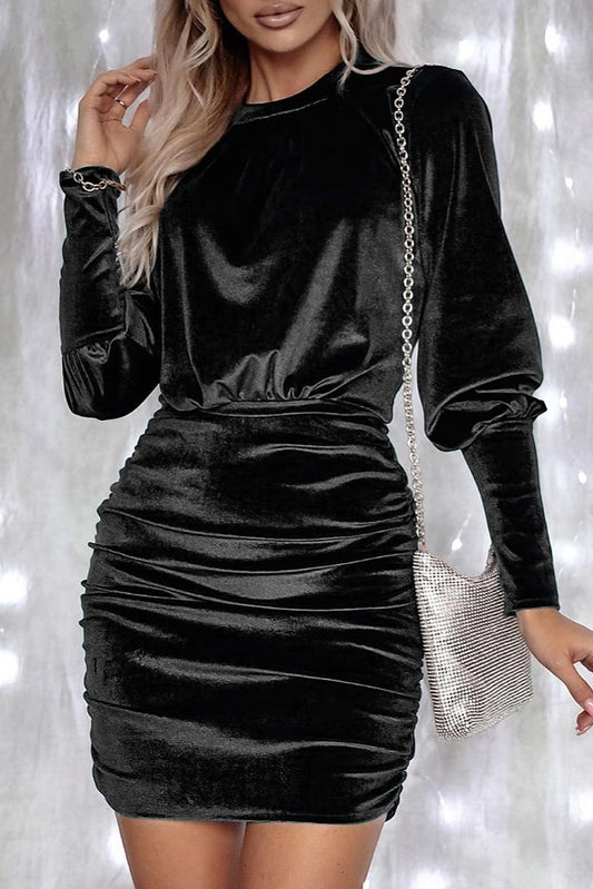 Black Velvet Puff Sleeve Ruched Bodycon Dress Dresses JT's Designer Fashion