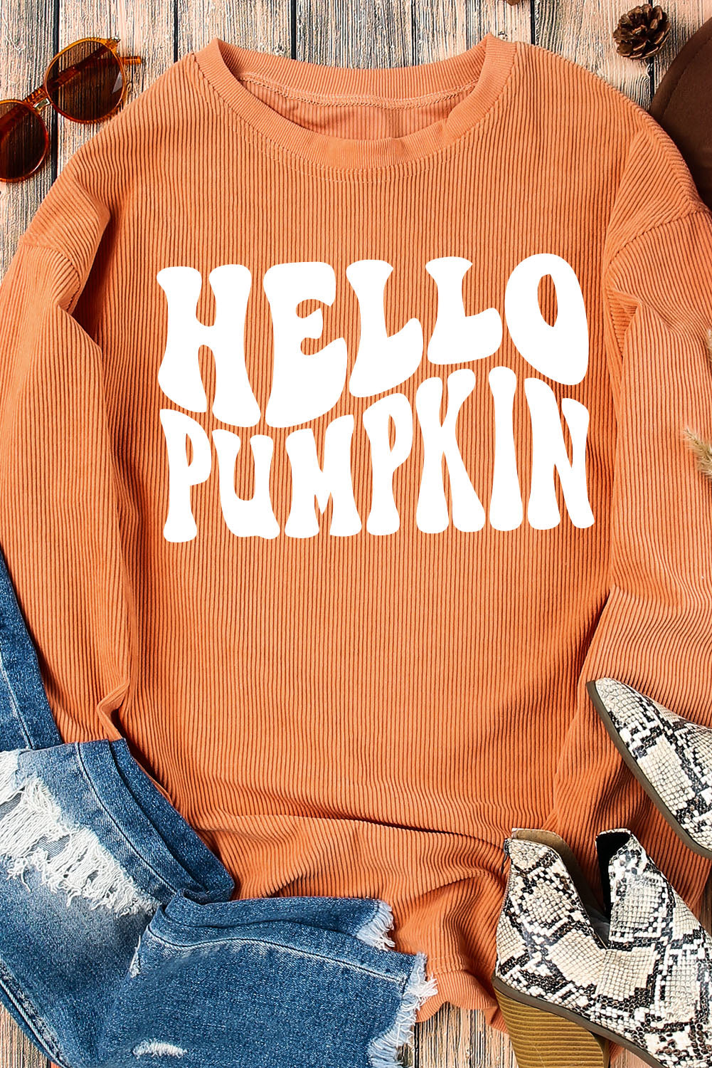 Orange HELLO PUMPKIN Letter Graphic Corded Sweatshirt Graphic Sweatshirts JT's Designer Fashion