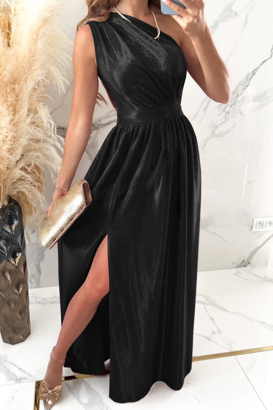 Black Shiny Velvet One Shoulder Long Split Dress Black 95%Polyester+5%Elastane Evening Dresses JT's Designer Fashion