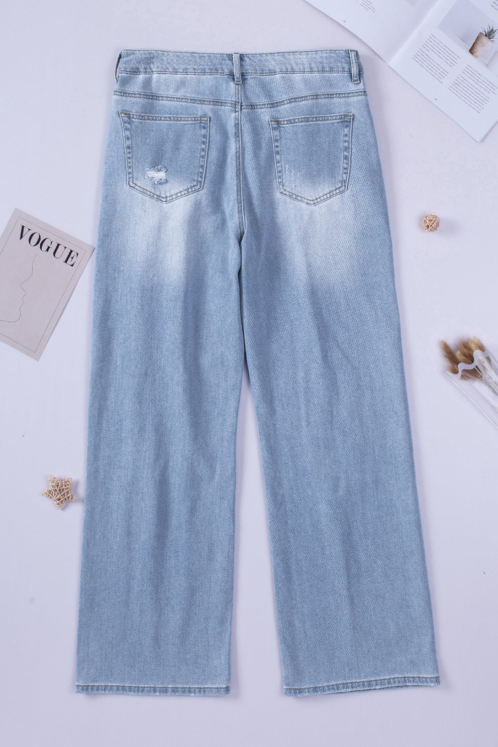 Sky Blue Distressed Ripped Hollow-out Wide Leg Jeans Jeans JT's Designer Fashion