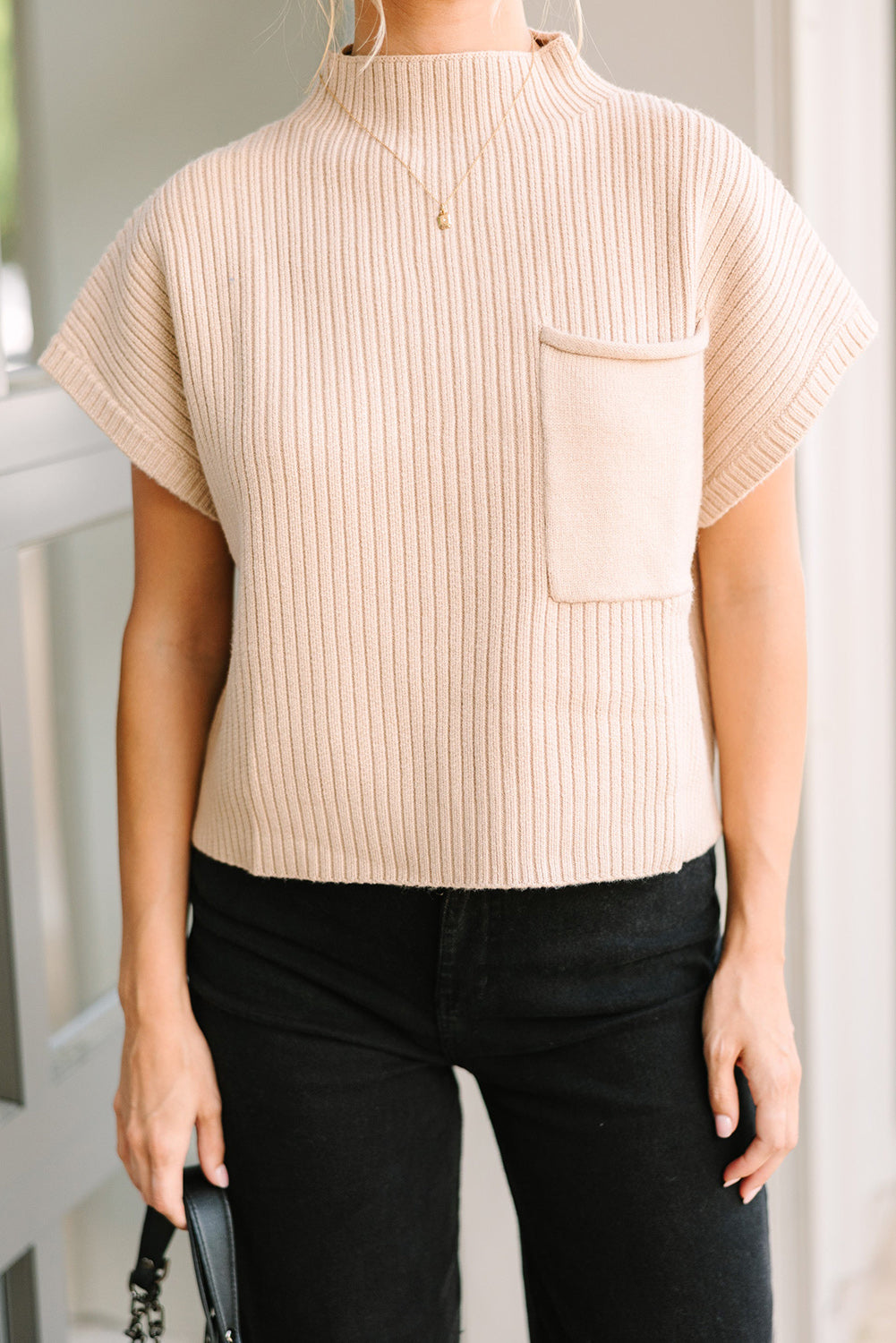 Oatmeal Patch Pocket Ribbed Knit Short Sleeve Sweater Pre Order Sweaters & Cardigans JT's Designer Fashion
