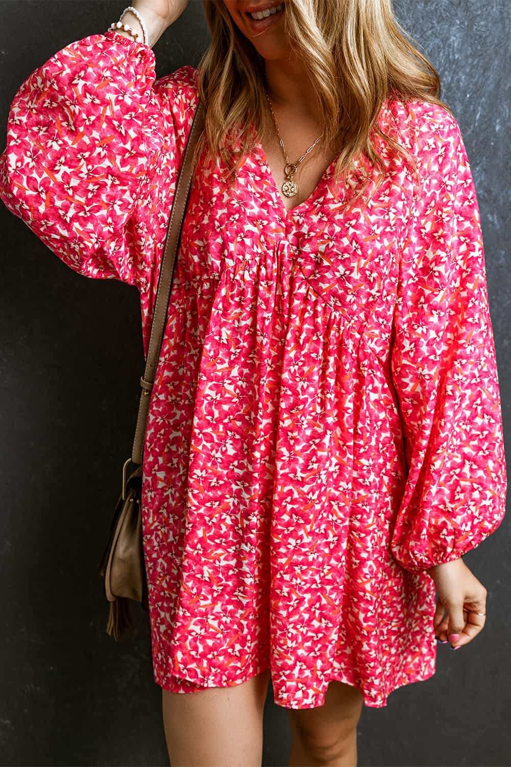 Rose Floral Print Empire Waist Bubble Sleeve Dress Dresses JT's Designer Fashion