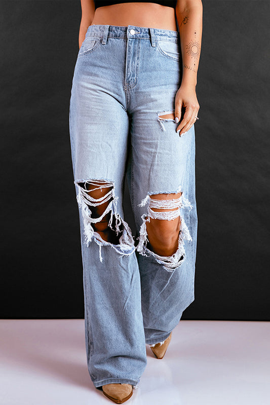 Sky Blue Distressed Ripped Hollow-out Wide Leg Jeans Sky Blue Jeans JT's Designer Fashion