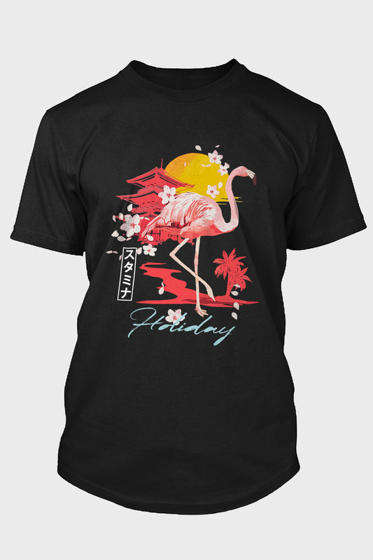 Black Holiday Flamingo Letter Graphic Print Short Sleeve Men's T Shirt Black 62%Polyester+32%Cotton+6%Elastane Men's Tops JT's Designer Fashion