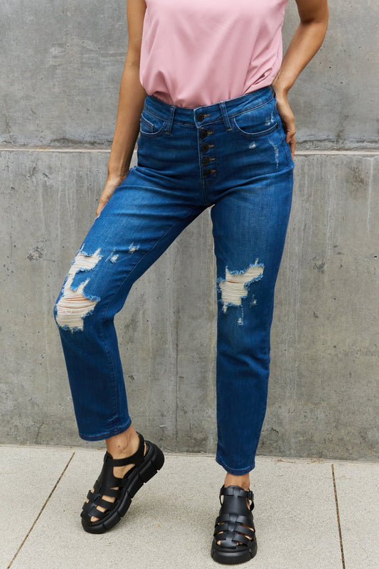 Judy Blue Melanie Full Size High Waisted Distressed Boyfriend Jeans Dark Jeans JT's Designer Fashion