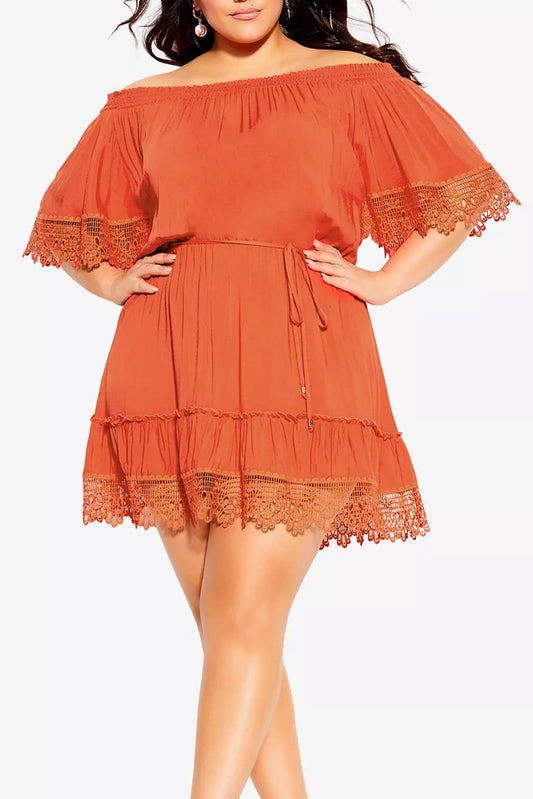Red Plus Size Crochet Detail Belted Off Shoulder Dress Plus Size Dresses JT's Designer Fashion