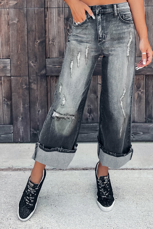 Gray Vintage Distressed Wide Leg Jeans Gray 93%Cotton+5%polyester+2%Elastane Jeans JT's Designer Fashion