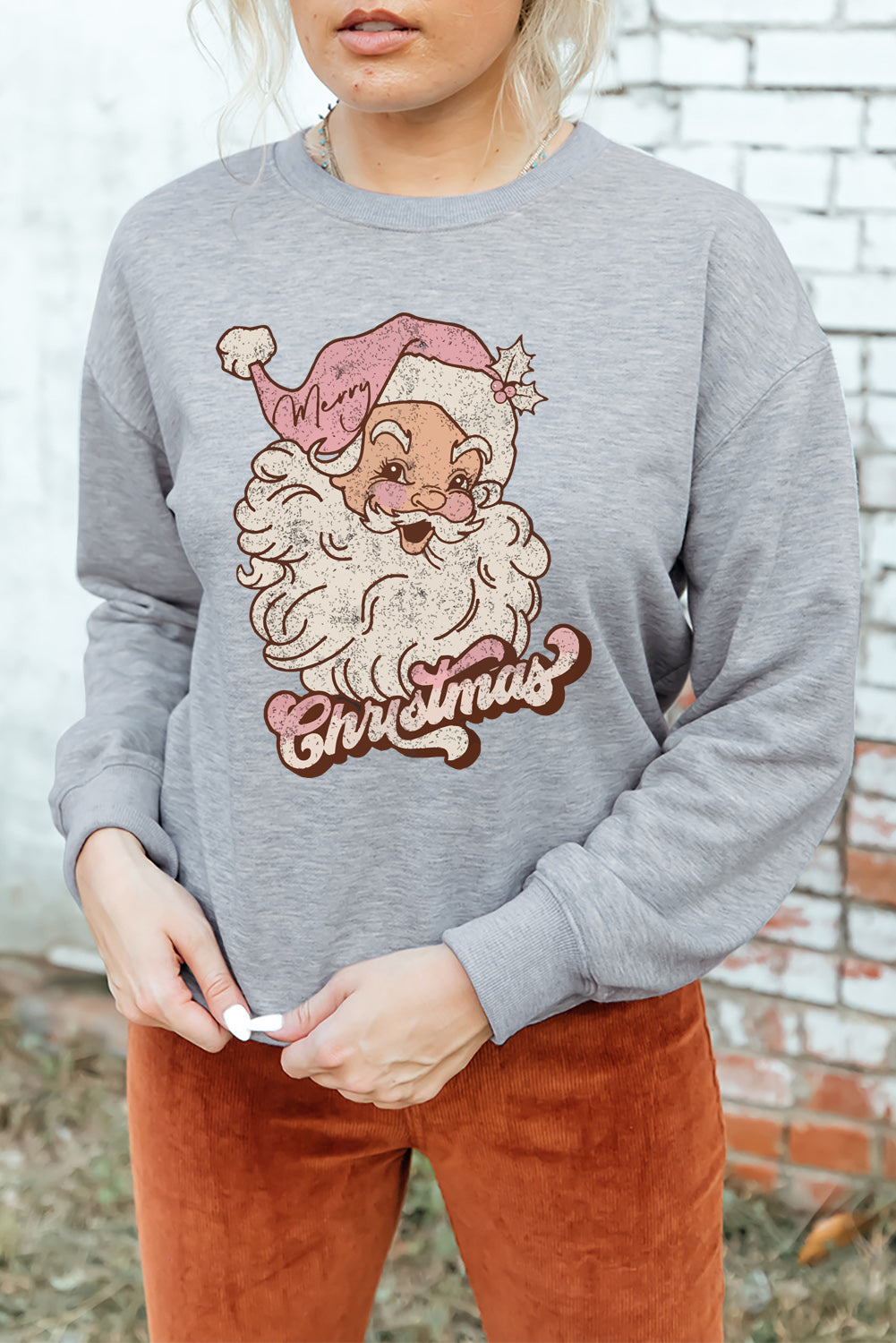 Gray Christmas Santa Claus Graphic Sweatshirt Graphic Sweatshirts JT's Designer Fashion