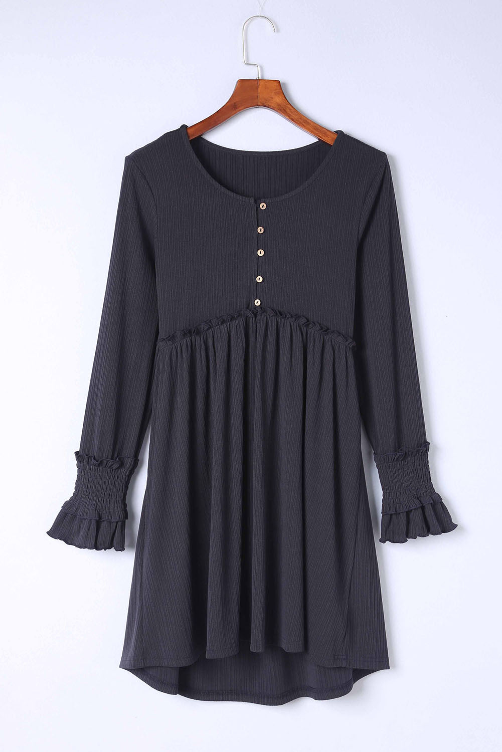 Gray Textured Button Long Sleeve Babydoll Dress Mini Dresses JT's Designer Fashion