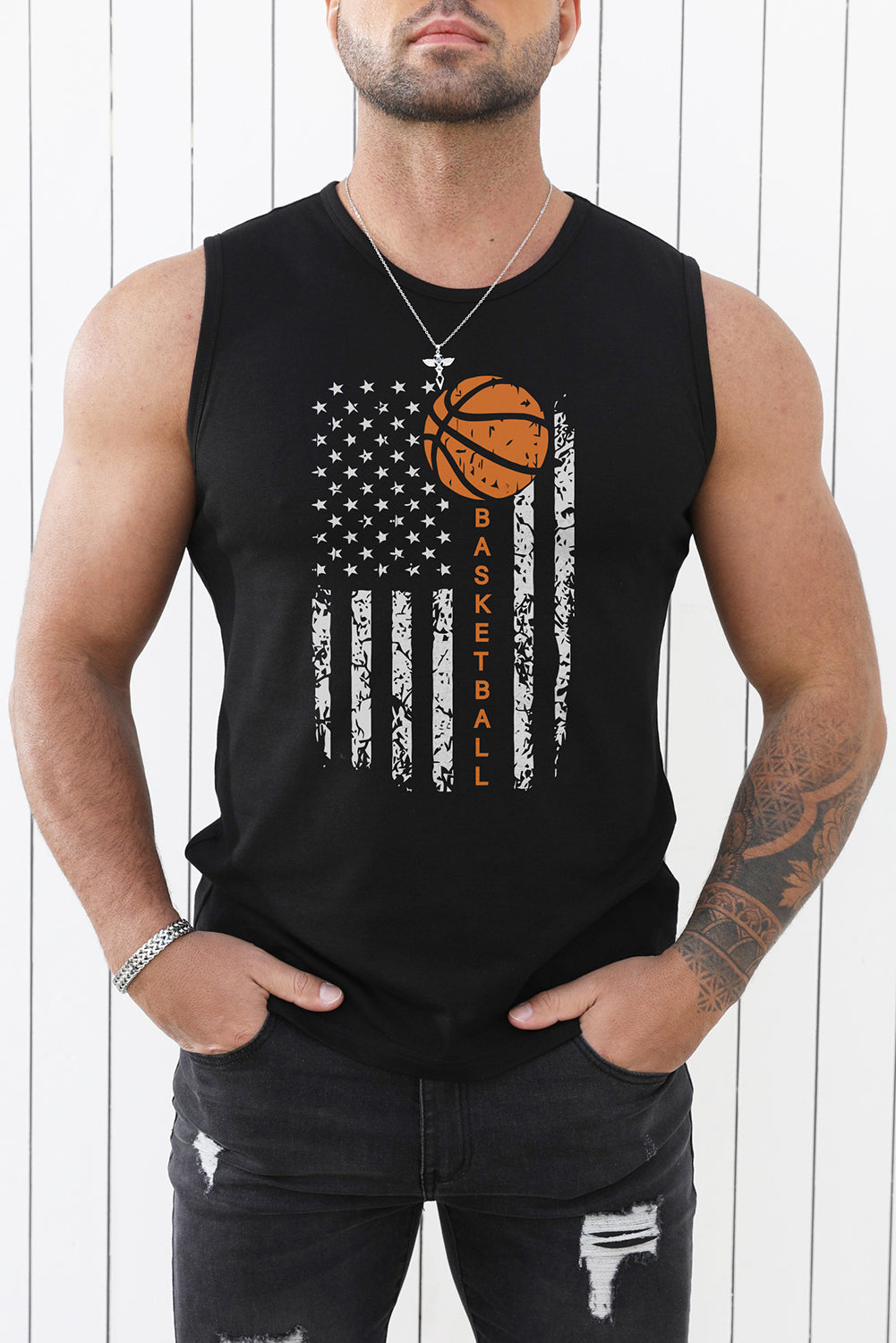 Black American Flag Basketball Graphic Print Men's Tank Top Black 62%Polyester+32%Cotton+6%Elastane Men's Tops JT's Designer Fashion