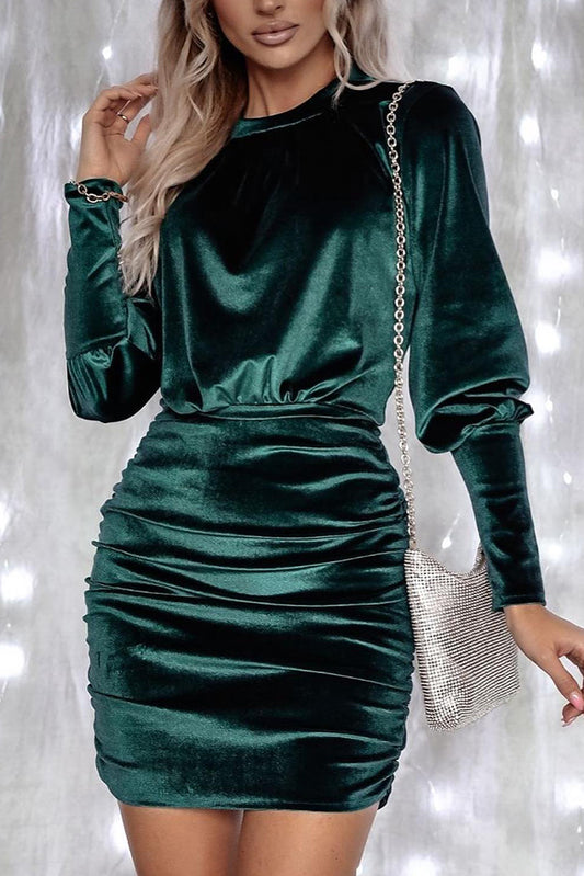 Green Velvet Puff Sleeve Ruched Bodycon Dress Dresses JT's Designer Fashion