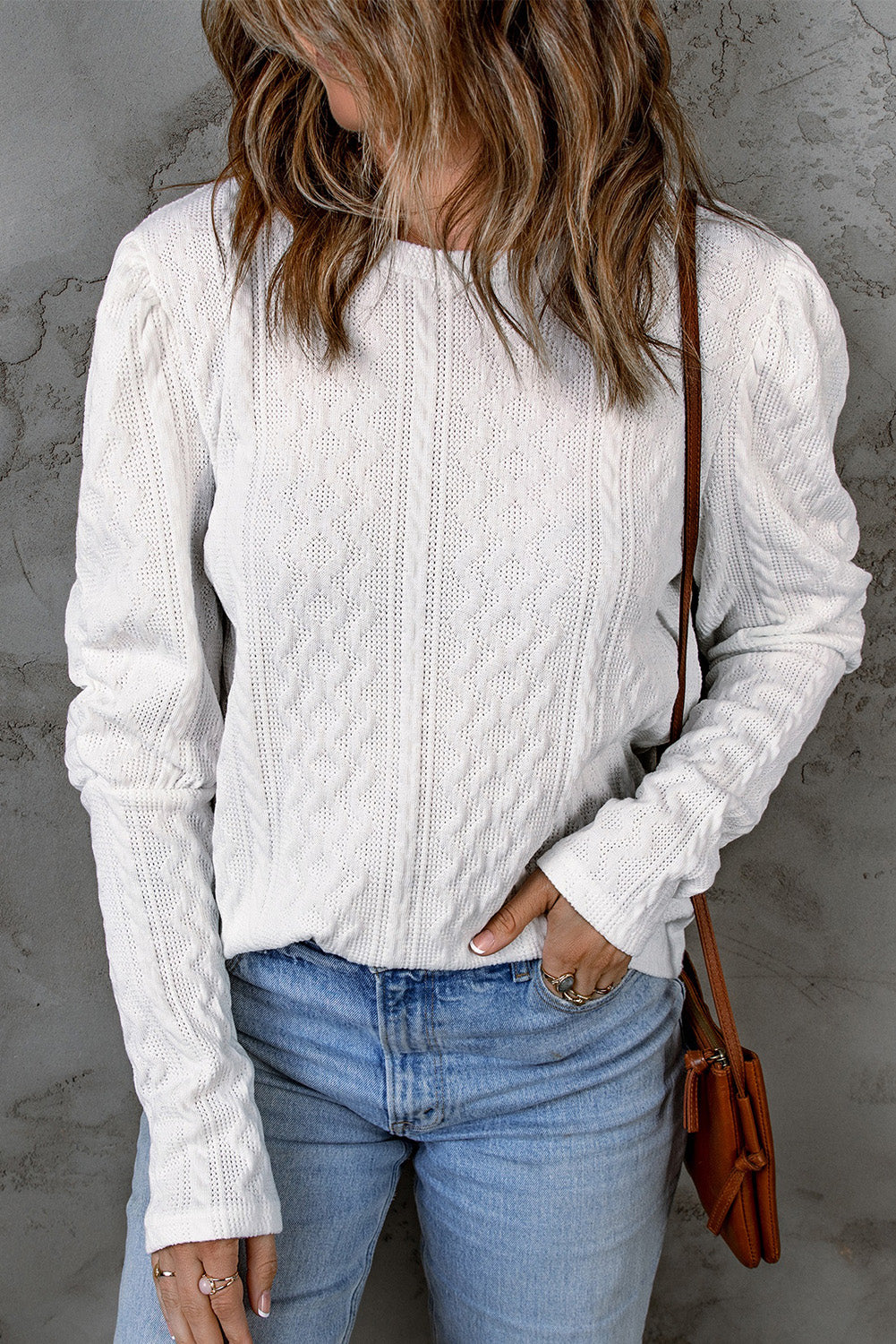 White Solid Color Puffy Sleeve Textured Knit Top White 95%Polyester+5%Elastane Long Sleeve Tops JT's Designer Fashion