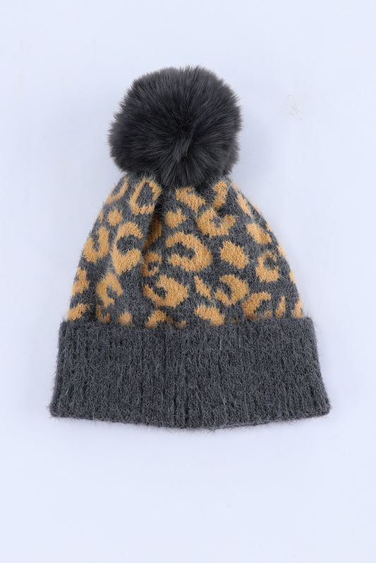 Beige Leopard Print Pompom Knitted Hat Hats & Caps JT's Designer Fashion
