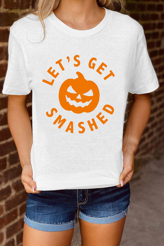 White LET'S GET SMASHED Halloween Pumpkin Face Graphic Tee White Graphic Tees JT's Designer Fashion