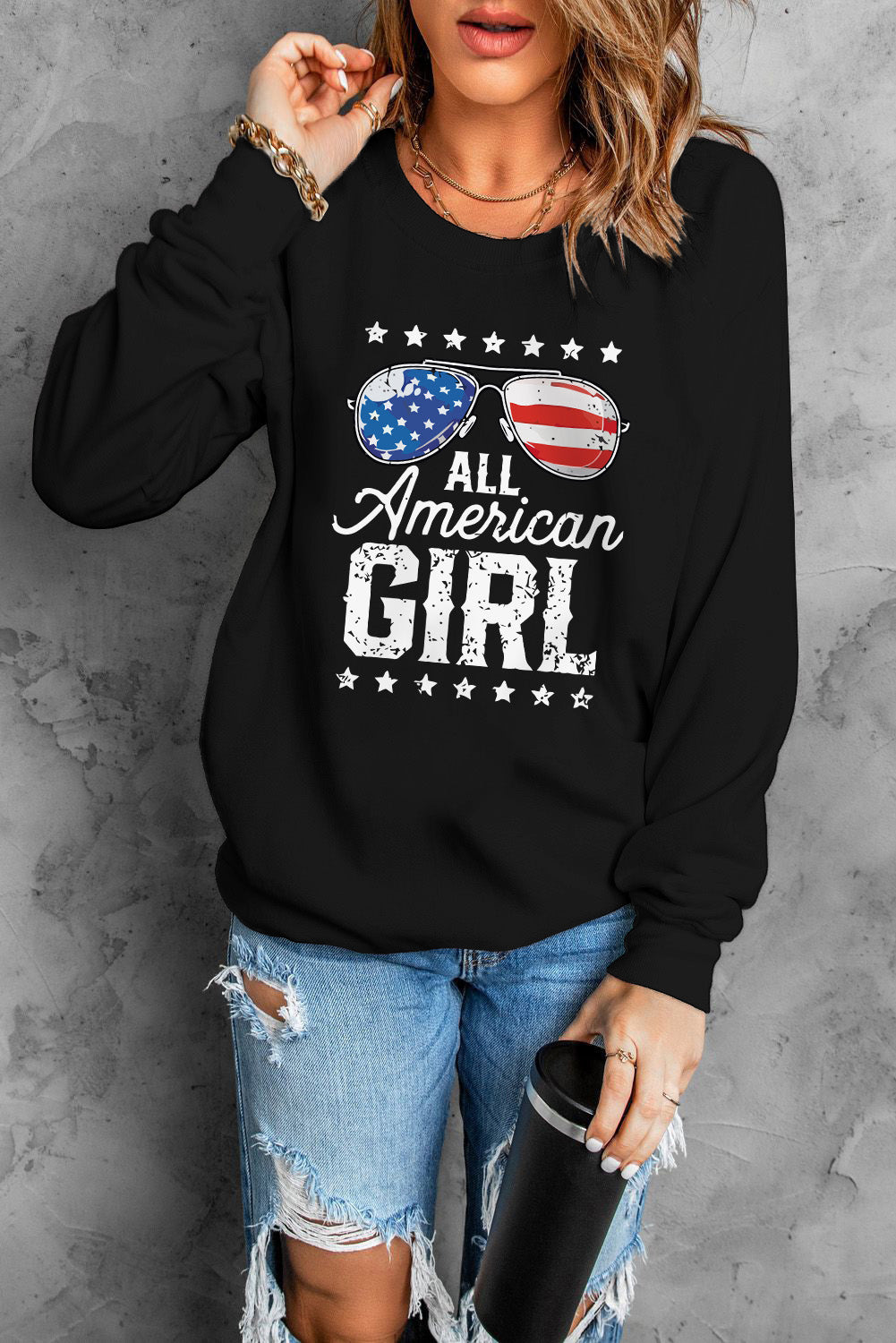 Black All American Girl Flag Graphic Print Long Sleeve Sweatshirt Graphic Sweatshirts JT's Designer Fashion