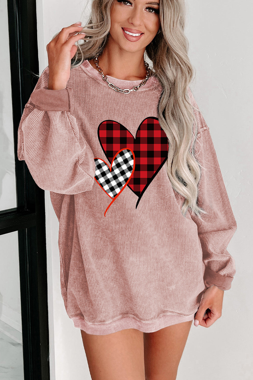 Pink Plaid Heart Print Corded Sweatshirt Graphic Sweatshirts JT's Designer Fashion