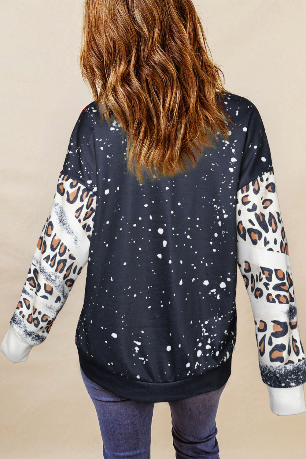 Black MOM Letter Graphic Print Leopard Bleached Sweatshirt Graphic Sweatshirts JT's Designer Fashion