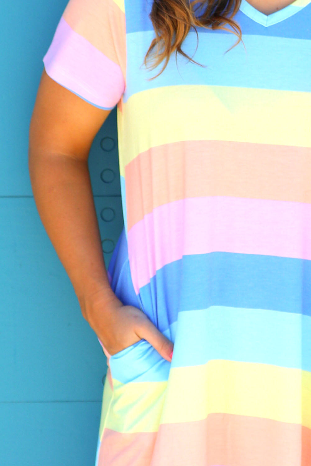 Multicolor Colorblock Pocketed V Neck T-shirt Dress Plus Size Dresses JT's Designer Fashion