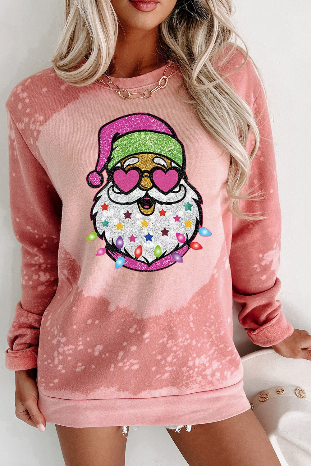 Pink Tie Dye Santa Claus Graphic Pullover Sweatshirt Pink 95%Polyester+5%Elastane Graphic Sweatshirts JT's Designer Fashion
