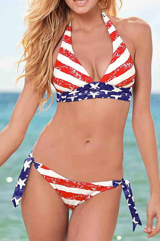 Red American Flag Print Self-tie Strap Halter V Neck Bikini Bikinis JT's Designer Fashion