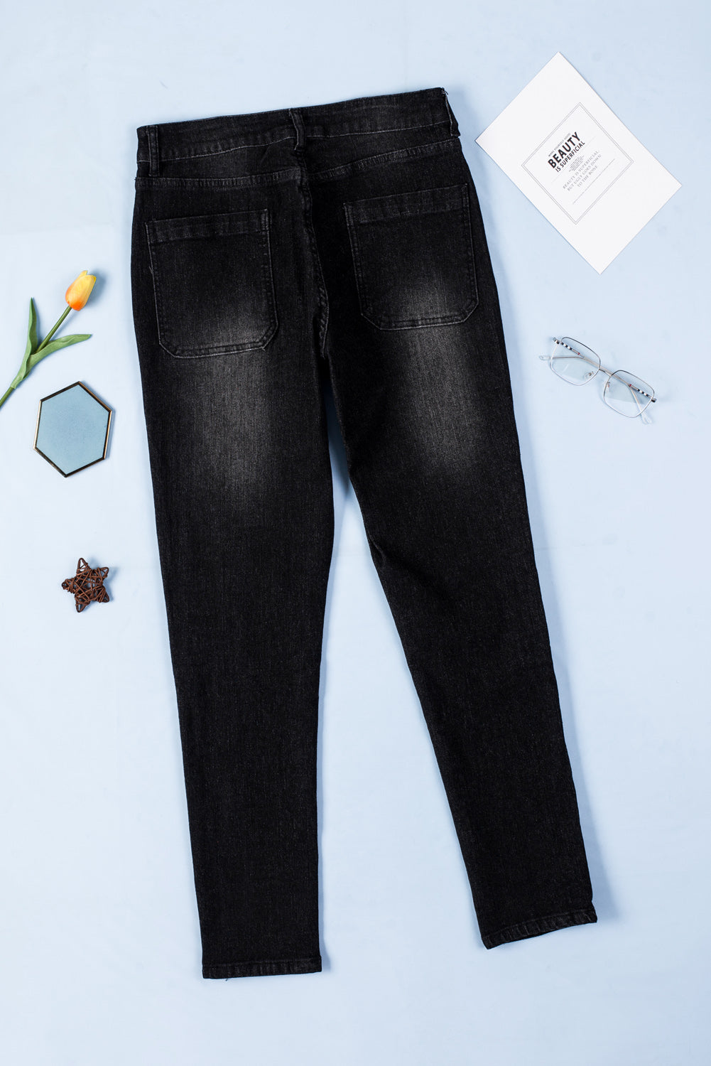 Black Button Fly Skinny Jeans with Pockets Jeans JT's Designer Fashion