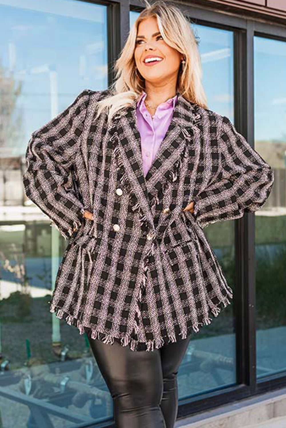 Black Plaid Tweed Frayed Trim Plus Size Blazer Plus Size JT's Designer Fashion