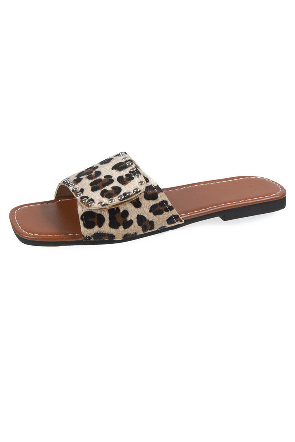 Casual Rivet Embellished Leopard Print Flat Slippers Slippers JT's Designer Fashion