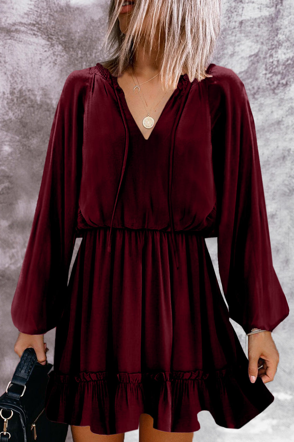 Wine Fiery Red Bubble Sleeve Split Neck Ruffle Tunic Dress Mini Dresses JT's Designer Fashion