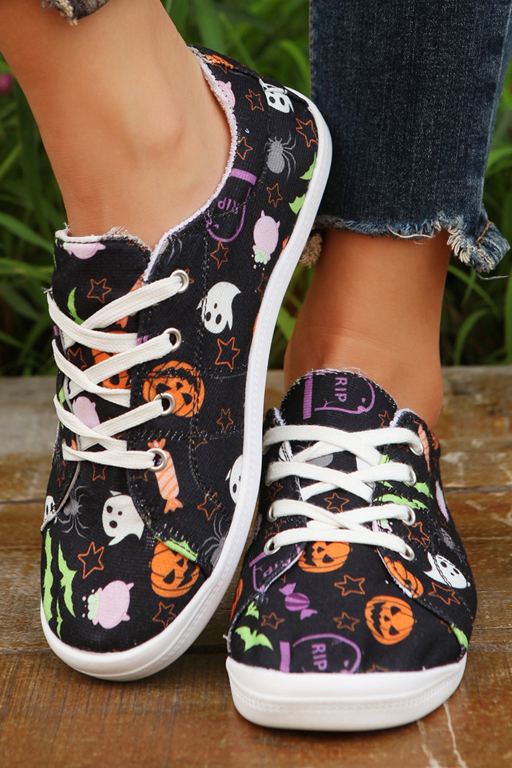 Black Happy Halloween Ghost Pumpkin Print Flat Shoes Women's Shoes JT's Designer Fashion